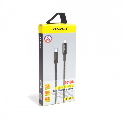 Интерфейсный кабель Awei Type-C to Type-C CL-117T 100W 5A 1m Чёрный